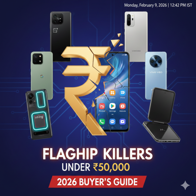 Image of different flagship smartphone. Text is FLAGSHIP KILLERS under 50,000 2026 buyers guide